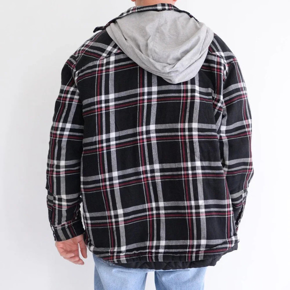 Dickies Black Red Checker Button Up Removable Hood Quilt Stitch Lined Shacket XL - Picture 2 of 15